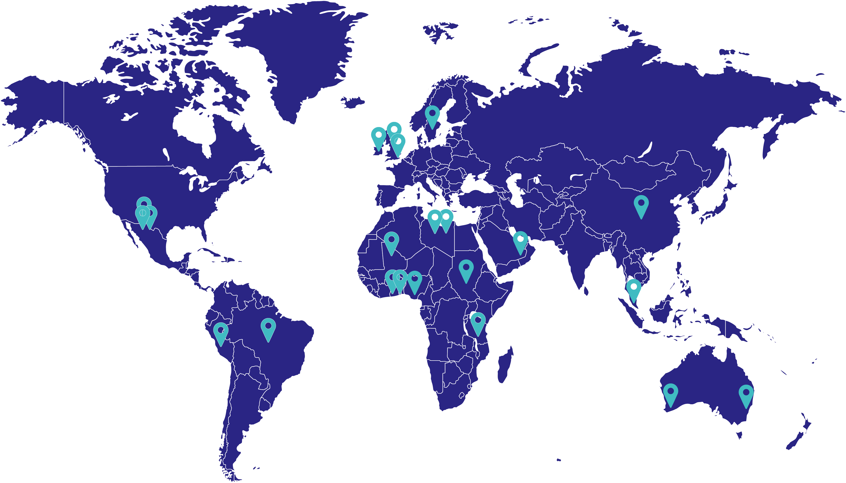 A dark blue map of the world with light blue pins indicating where TouchstoneEnergy have clients. 
