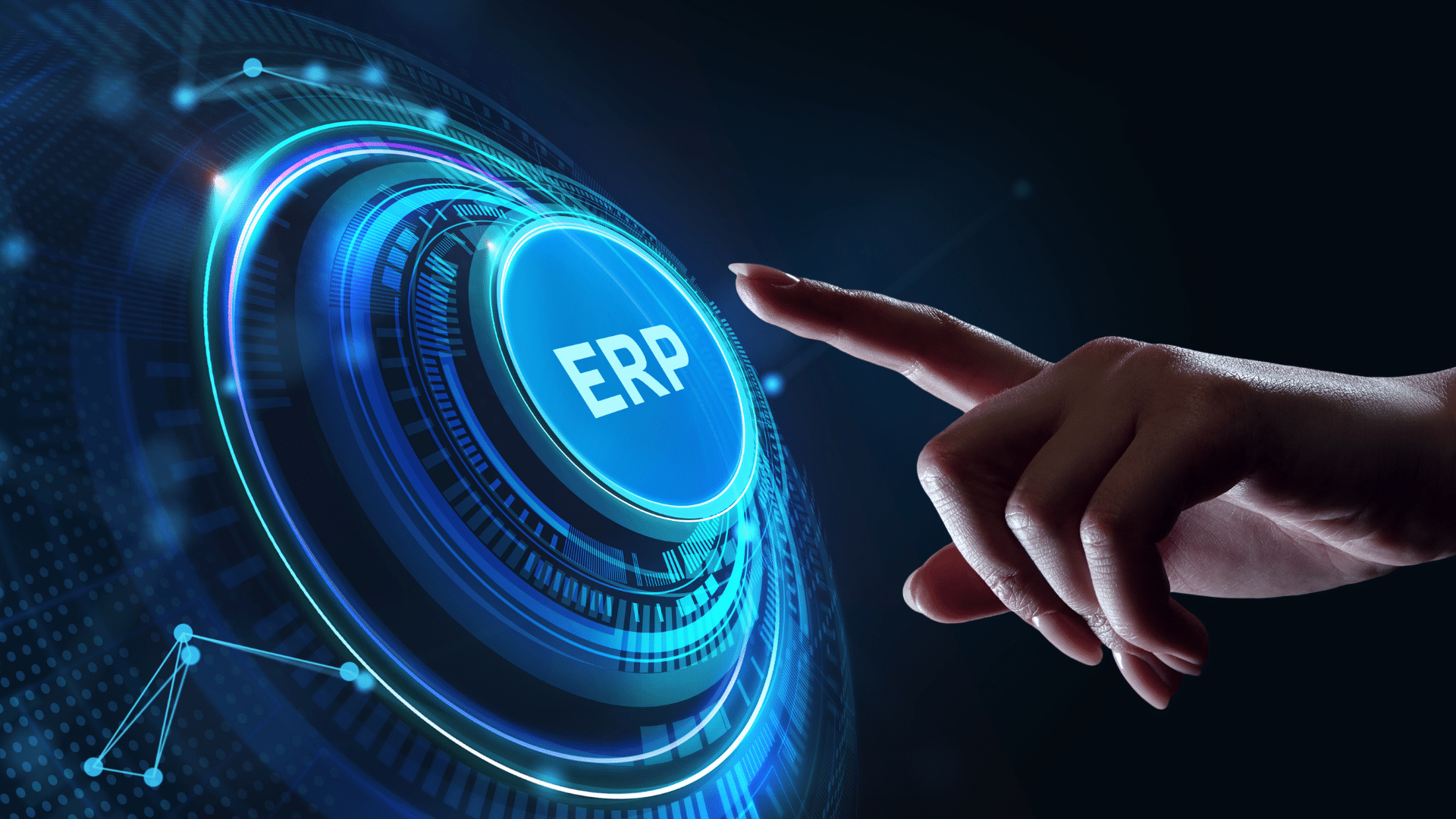 Website blog covers – Energy (38) A hand reaching toward a glowing blue button labeled ERP on a digital interface.