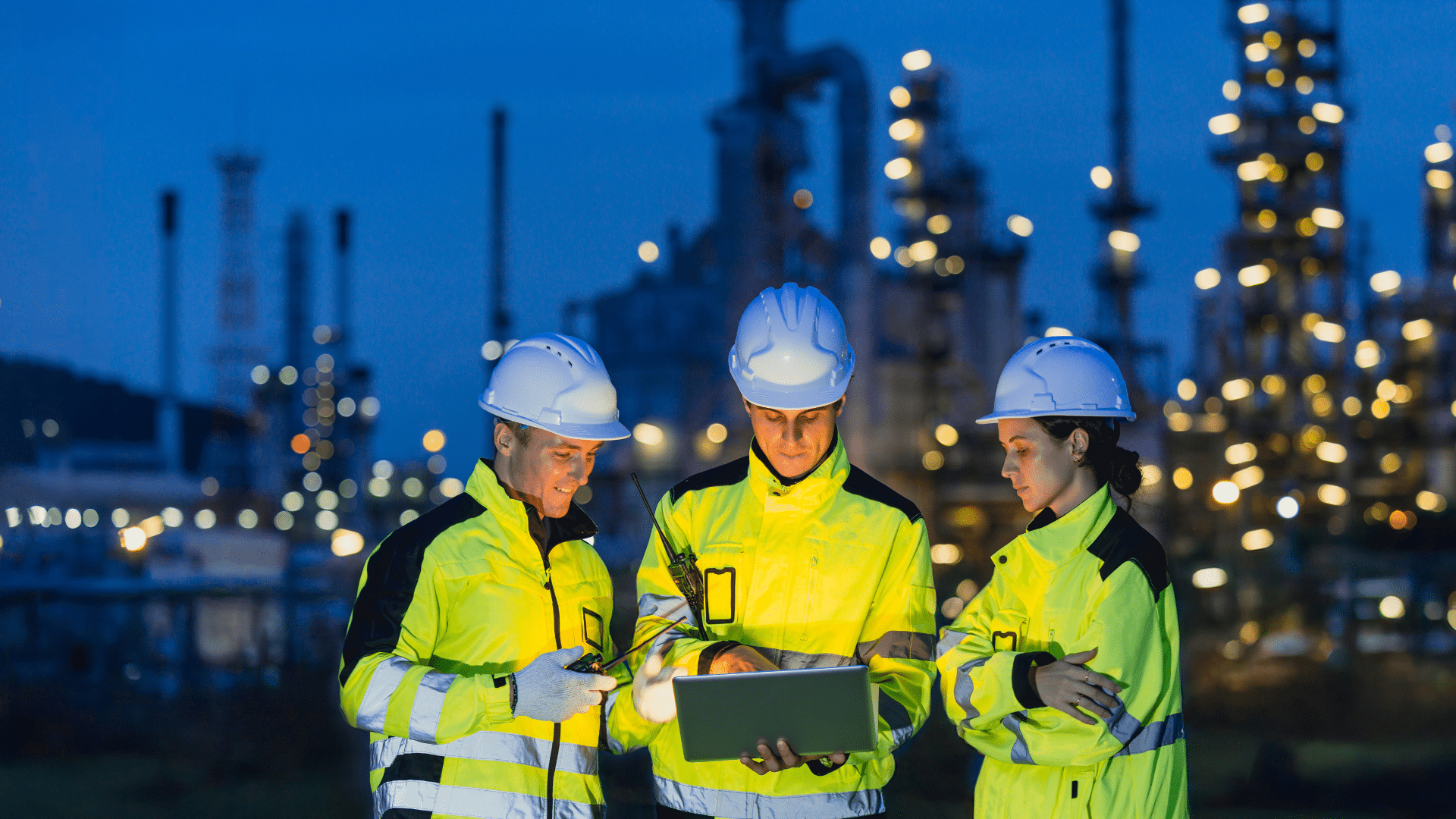 Website blog covers – Energy (35) Three engineers in safety gear work at an industrial plant at night, using a laptop and a radio.