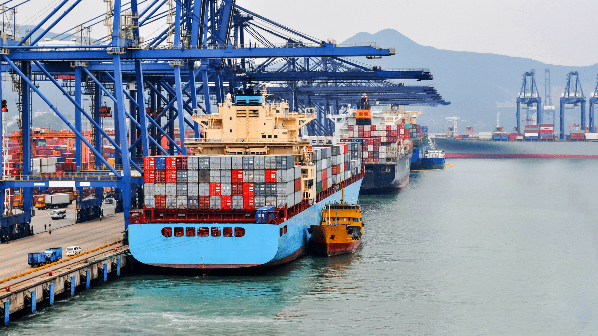 Cargo ships loaded with containers docked at a busy shipping port.