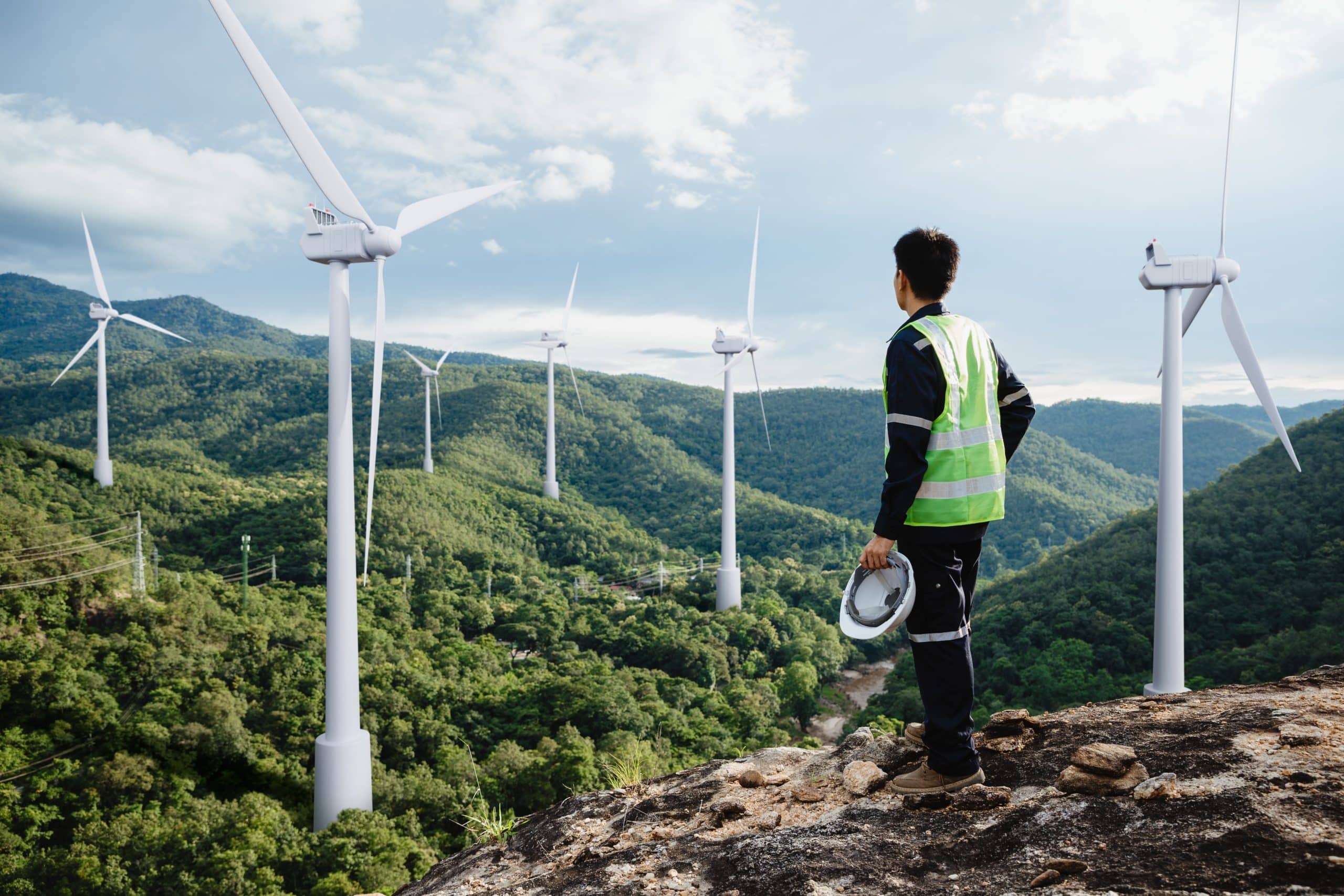 A man stood on a cliff overlooking a scene with wind turbines and woodland