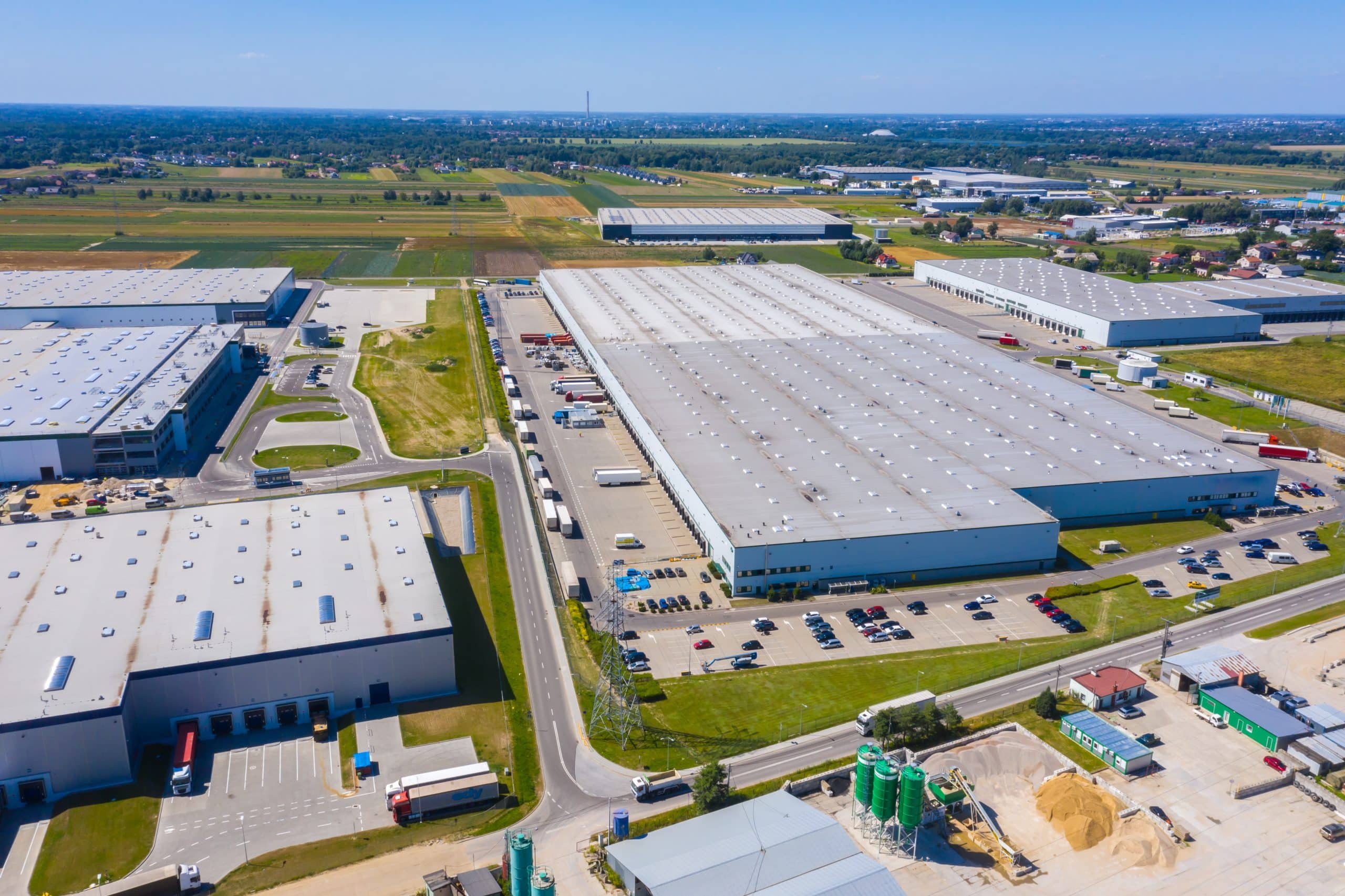 An ariel view of a series of large warehouses