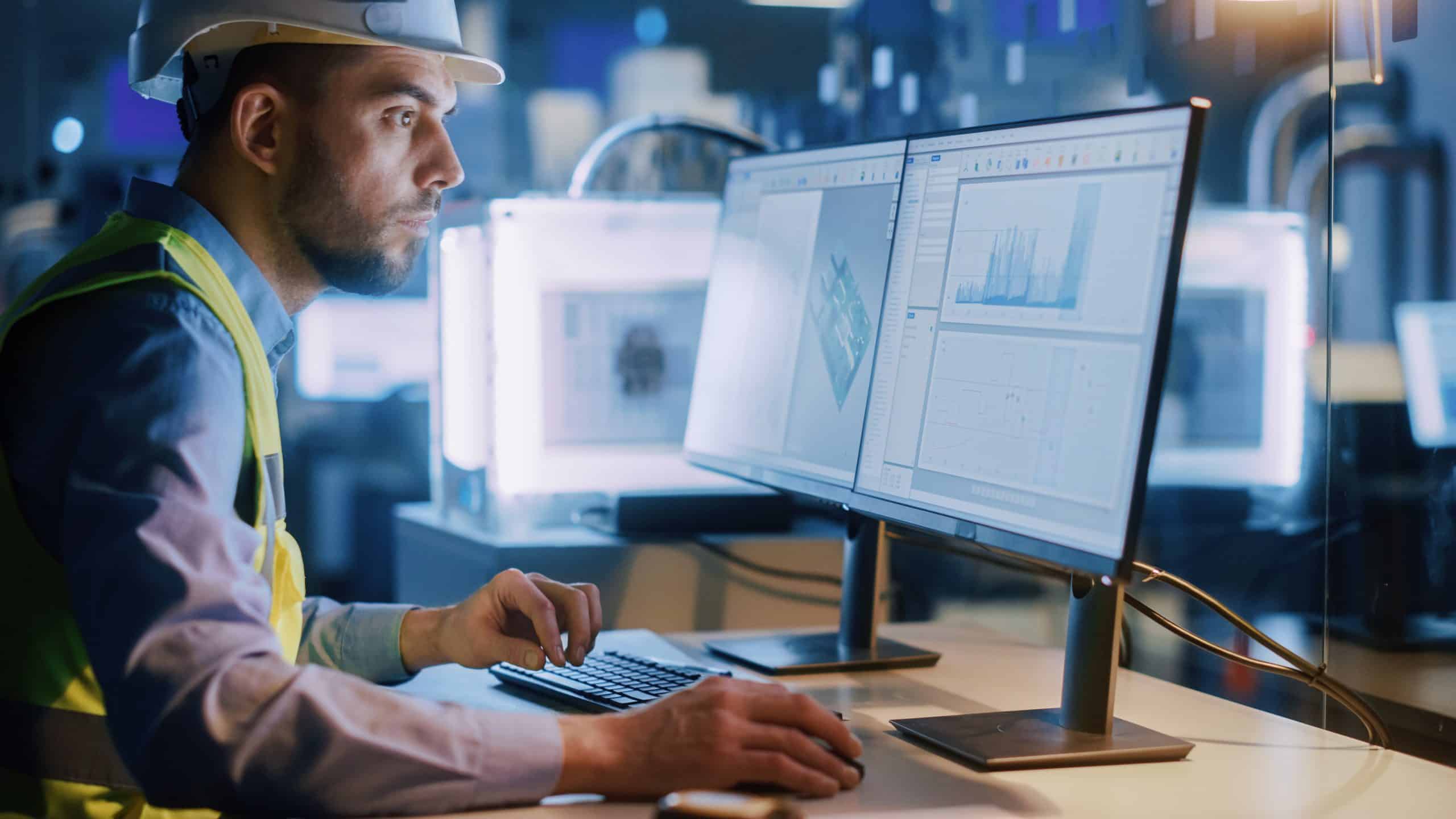 Engineer in hard hat works at a computer with data and charts on dual monitors.