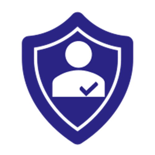 A shield icon with a person and a check mark inside, symbolizing security or verified identity.