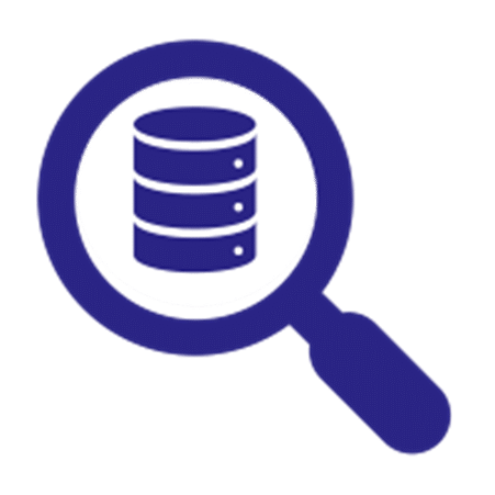 A magnifying glass focusing on a database icon.