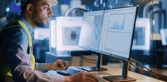 Engineer working on a computer with system configuration software displayed on dual monitors.