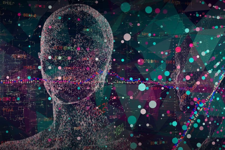 Abstract digital heads with colorful data points and numbers representing AI and data analysis.