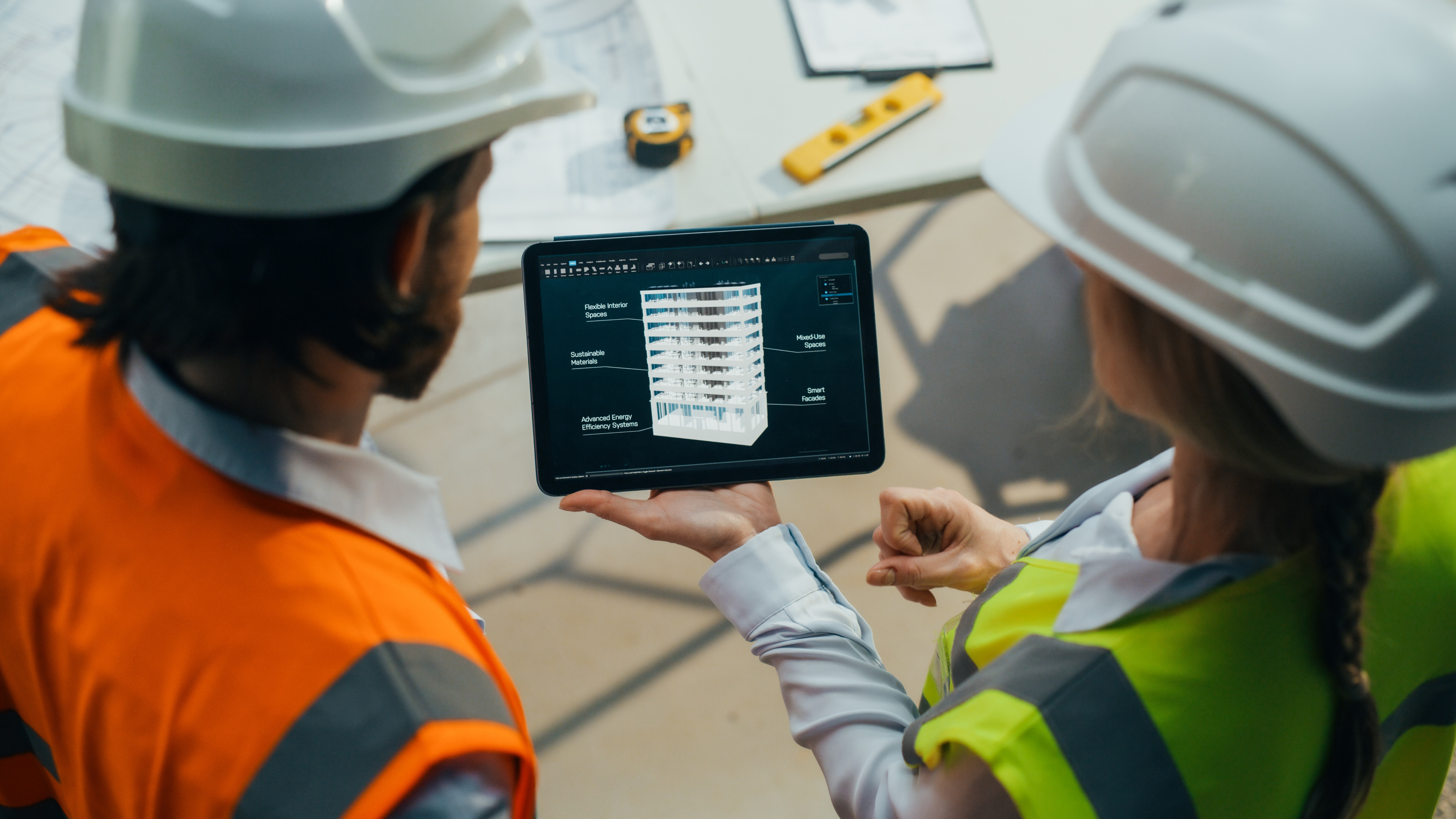 Two construction workers review a building model on a tablet at a work site.