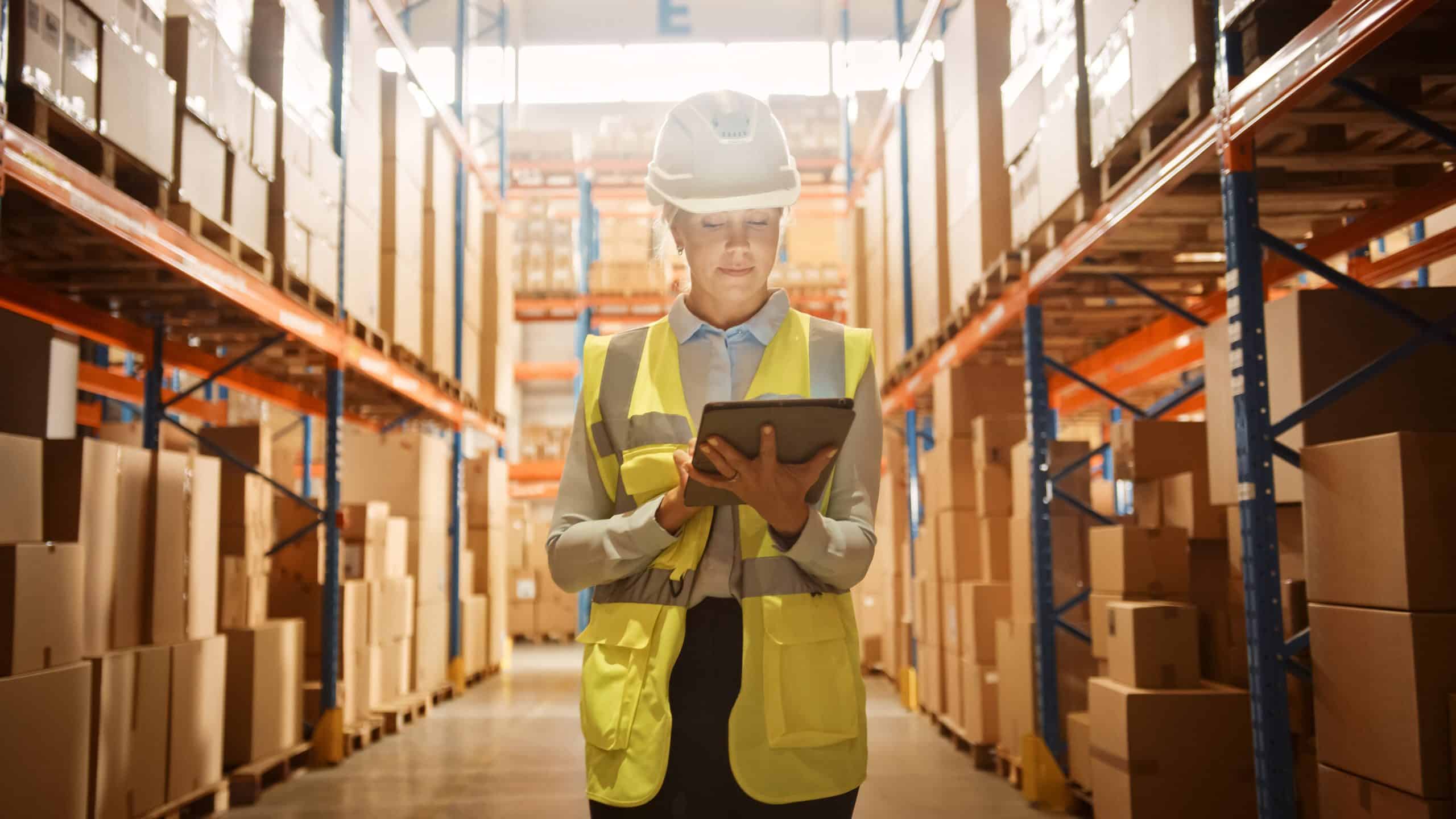 Worker in safety gear using a tablet in a warehouse with shelves full of boxes.