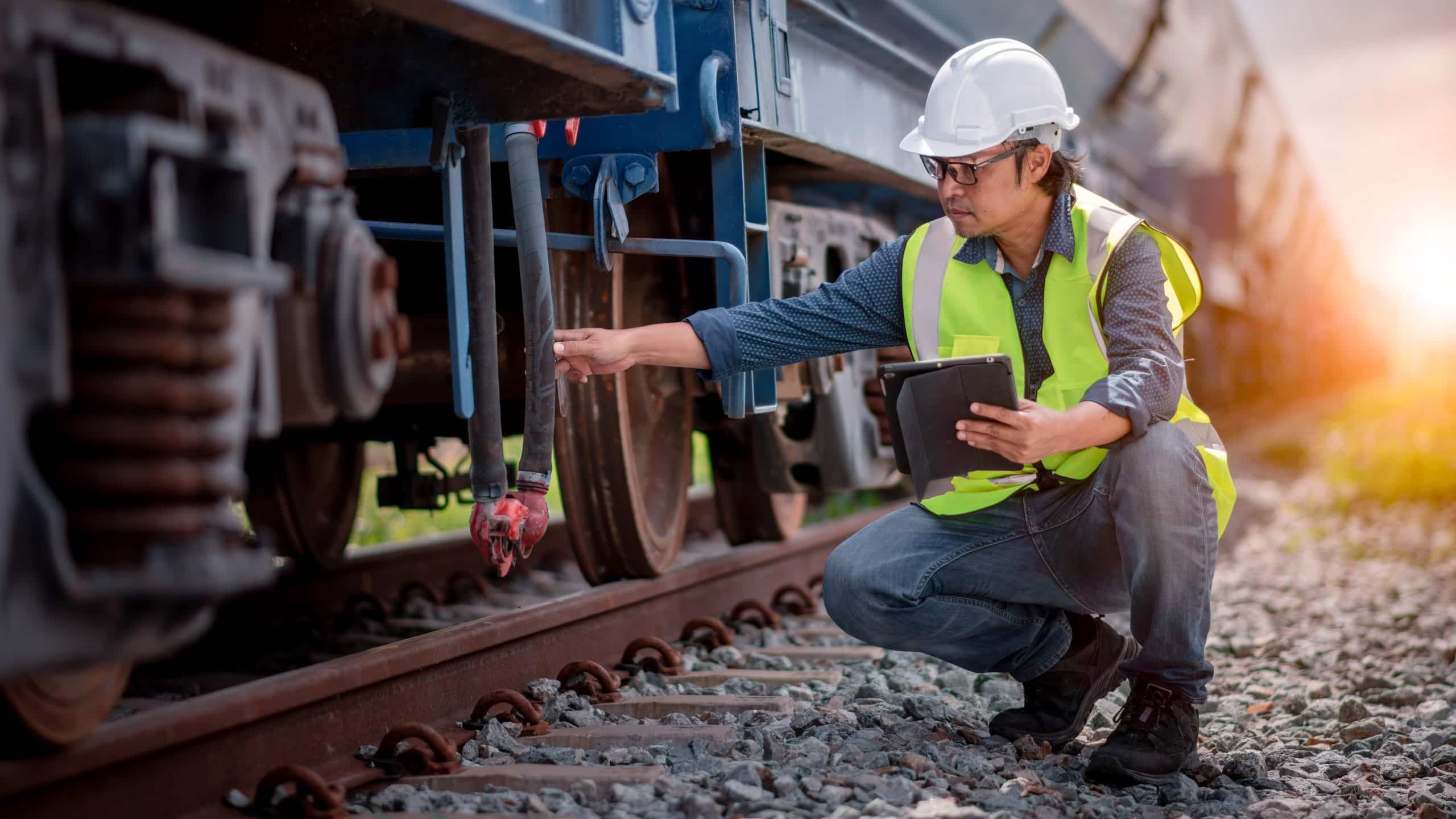 Worker in safety gear inspecting a train with a tablet on a railway track.