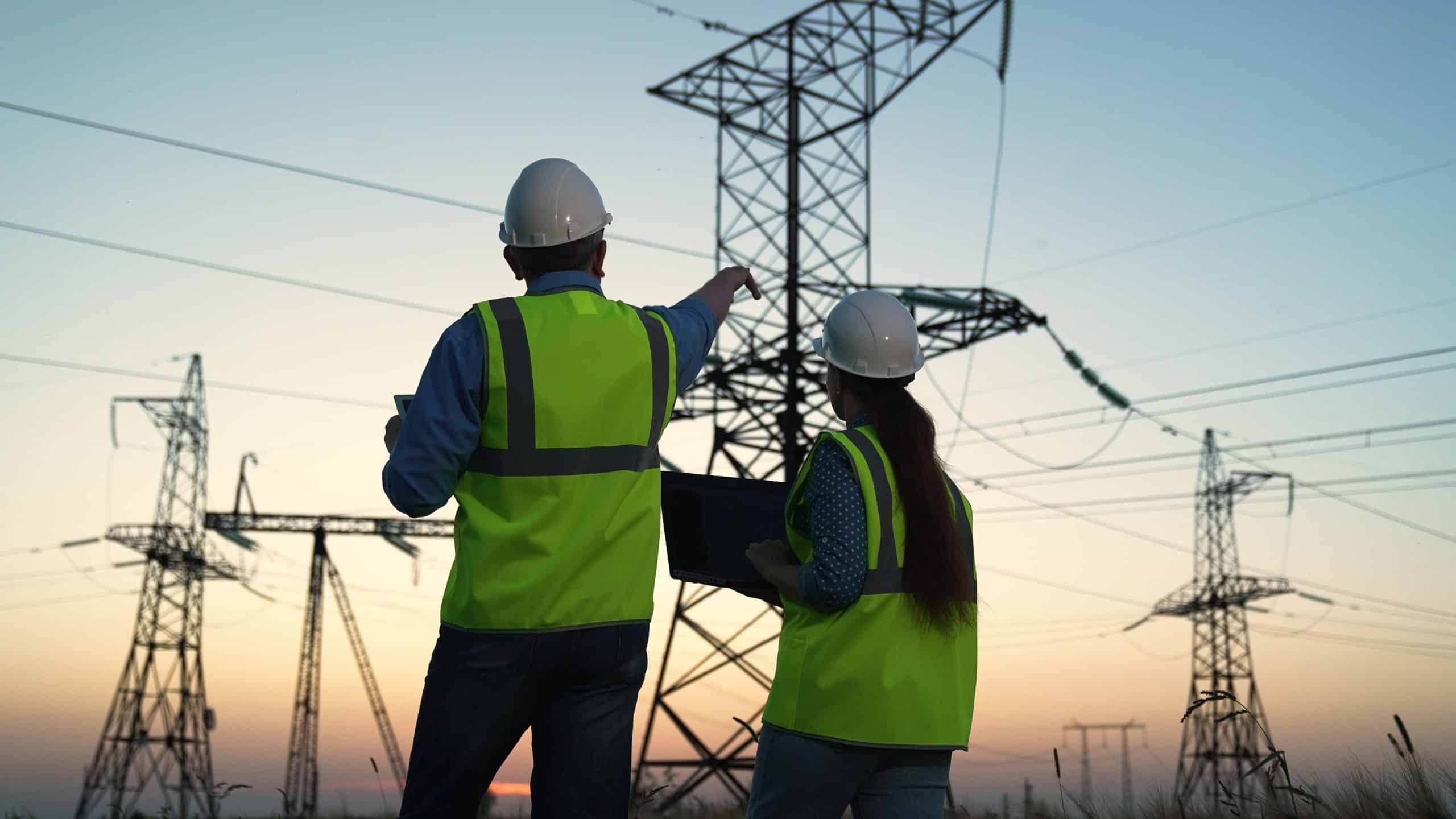 Two utility workers in safety vests inspect power lines at sunset.