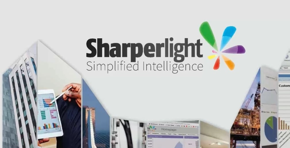 Sharperlight logo with the slogan "Simplified Intelligence" and business data visuals in the background.