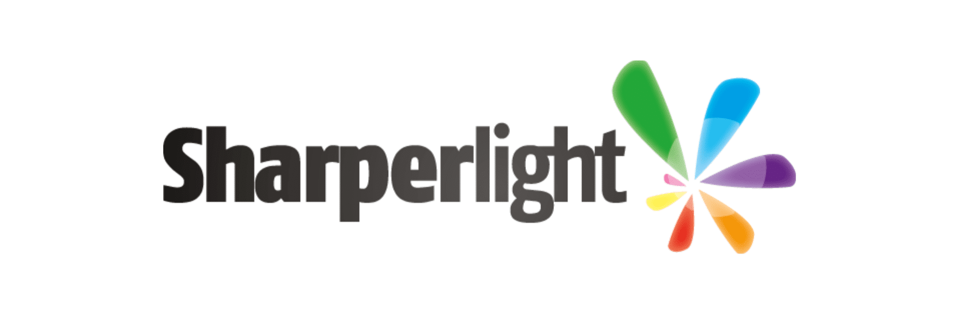 "Sharperlight logo with black text and colorful abstract shapes on the right."
